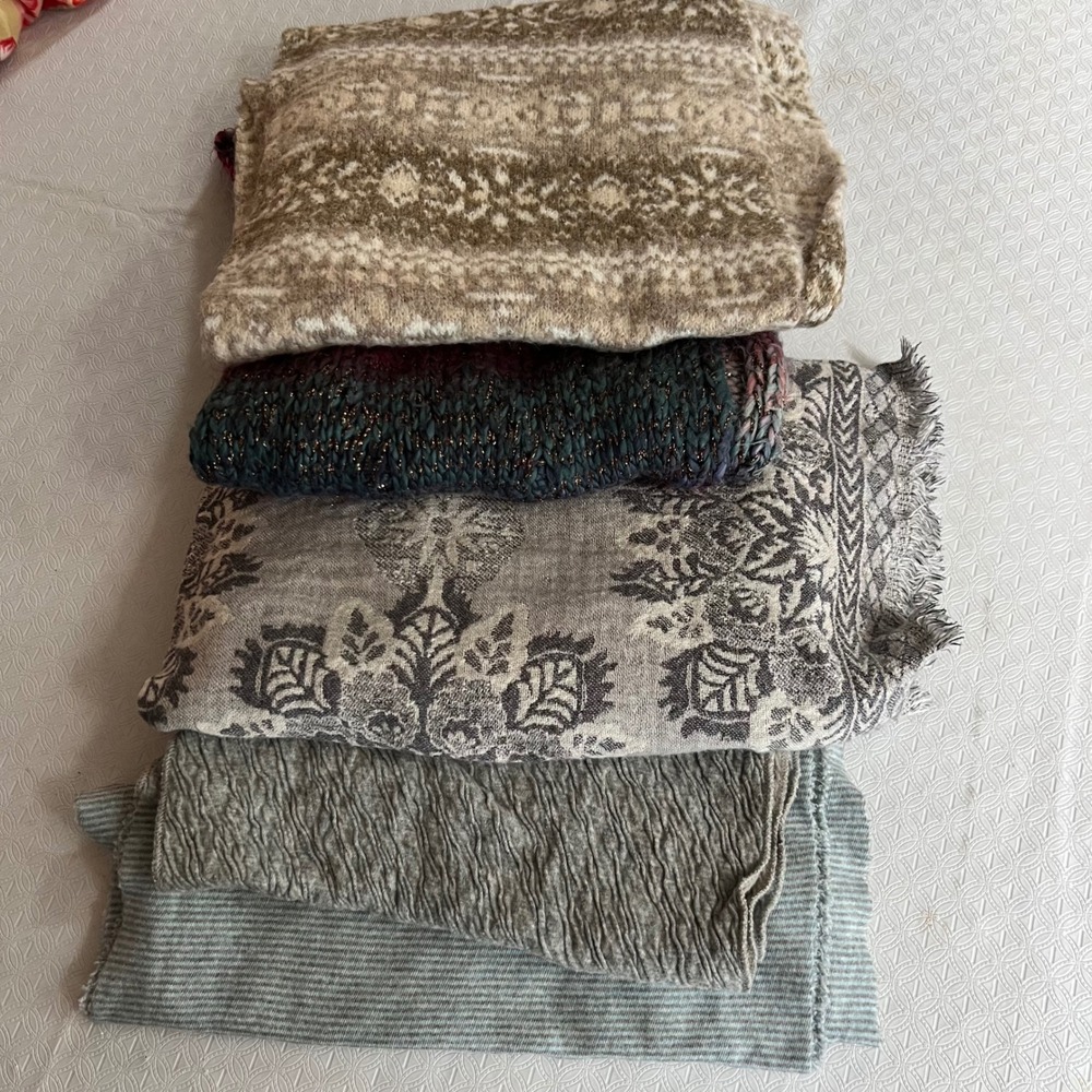 J. Jill Scarf Bundle 5 Fair Isle Metallic Knit Floral Damask Grey Scarves Nordic